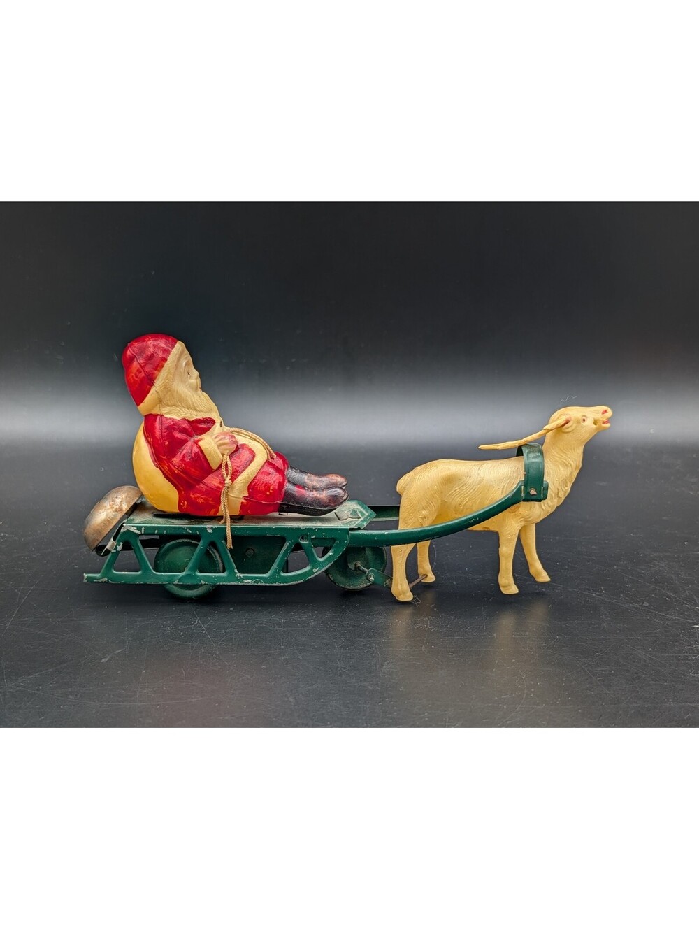 Vintage Occupied Japan Santa Sleigh Reindeer Bell Celluloid Tin Friction 1940